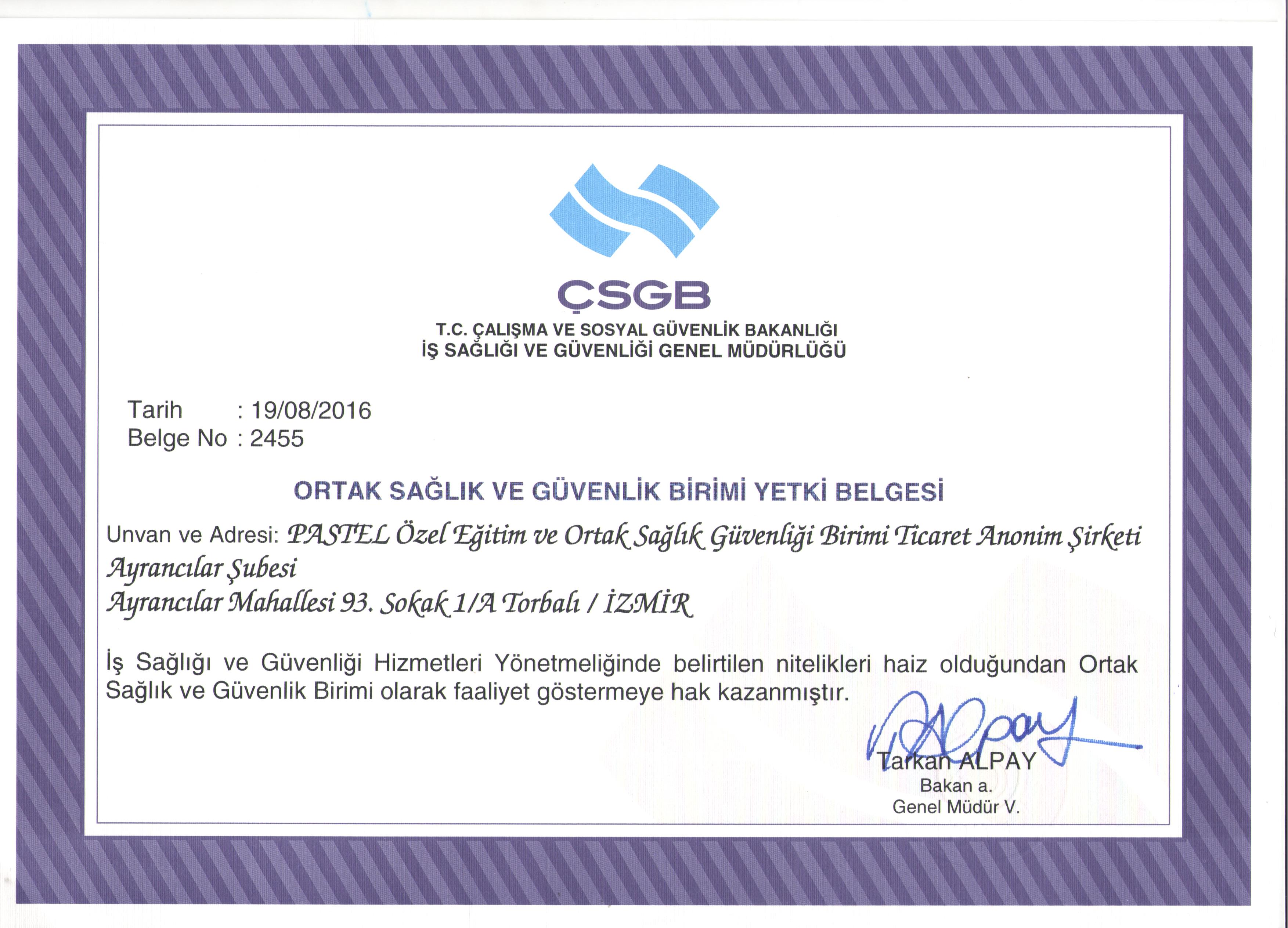 Pastel OSGB Yetki Belgesi